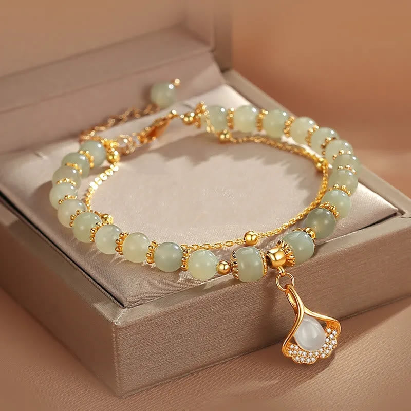 Bracelet porte-bonheur en perles de jade avec symbole feuille, tulipe et Fu