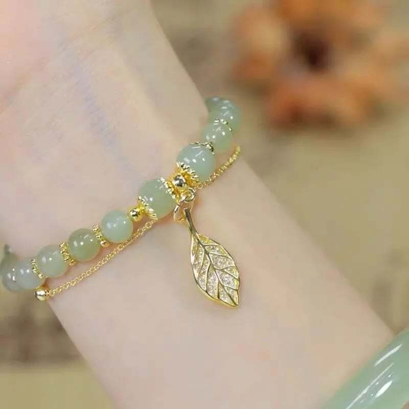Bracelet porte-bonheur en perles de jade avec symbole feuille, tulipe et Fu