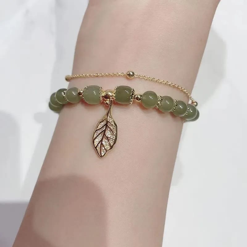 Bracelet porte-bonheur en perles de jade avec symbole feuille, tulipe et Fu