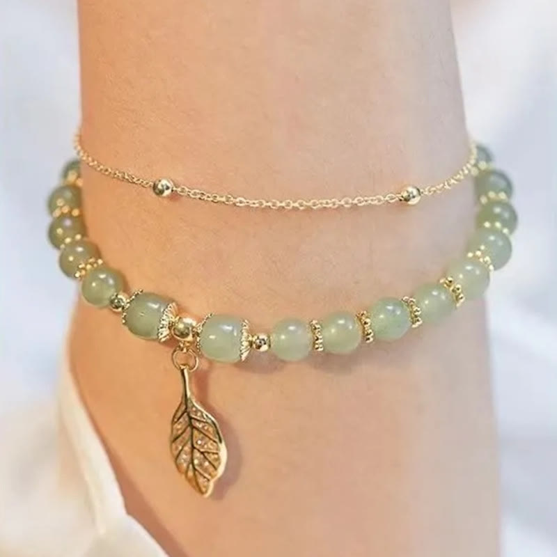 Bracelet porte-bonheur en perles de jade avec symbole feuille, tulipe et Fu
