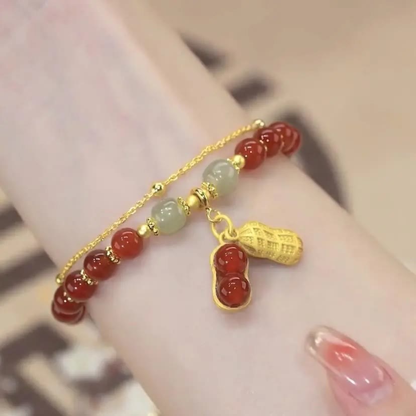 Bracelet porte-bonheur en perles de jade avec symbole feuille, tulipe et Fu