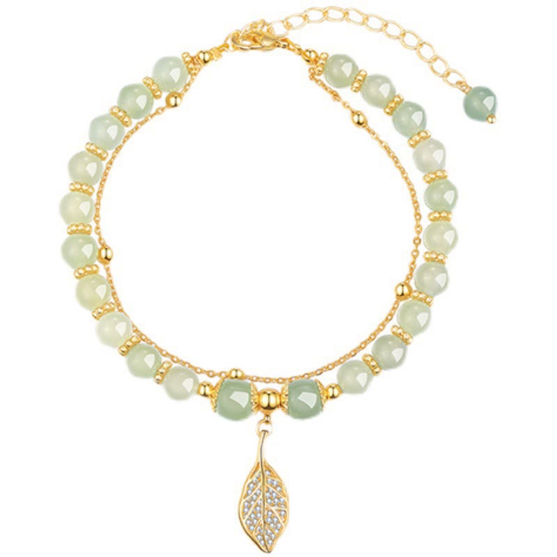 Bracelet porte-bonheur en perles de jade avec symbole feuille, tulipe et Fu