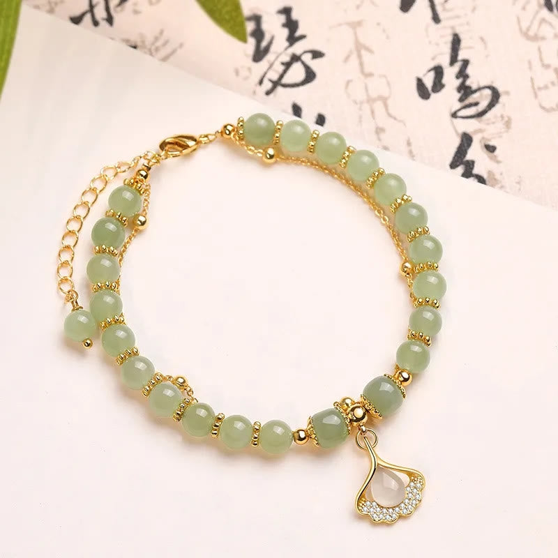 Bracelet porte-bonheur en perles de jade avec symbole feuille, tulipe et Fu