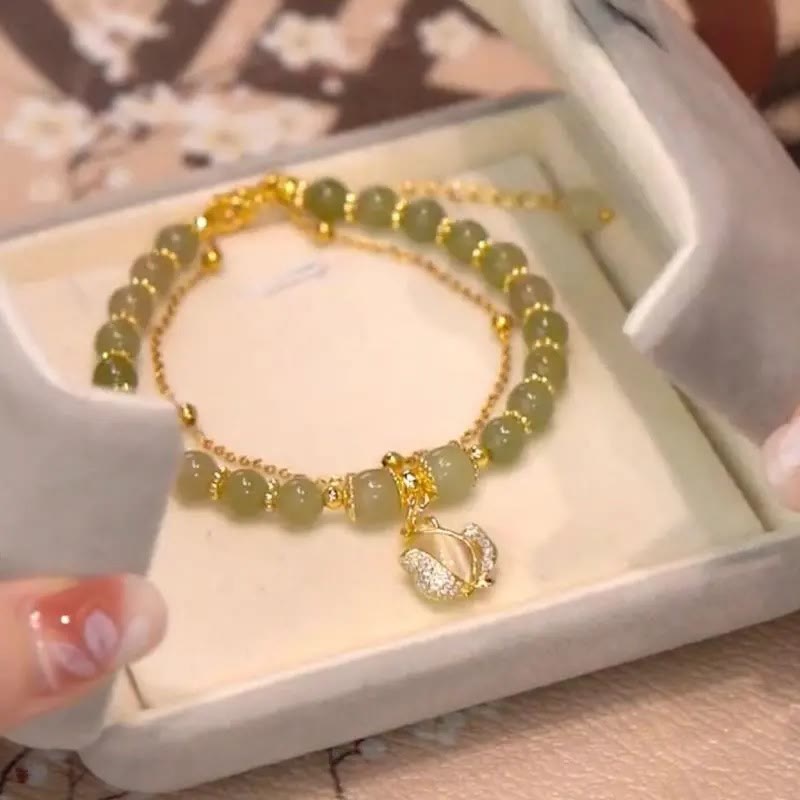 Bracelet porte-bonheur en perles de jade avec symbole feuille, tulipe et Fu