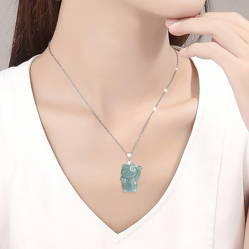 Collier Abondance Chat Porte-Bonheur en Jade