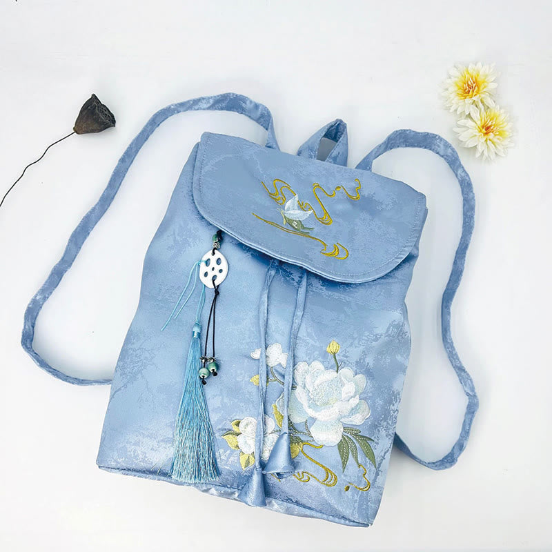 Grand sac à dos brodé camélia bleu Collection spirituelle