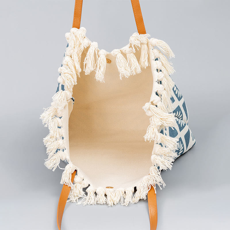 Grand sac fourre-tout en toile avec pompons géométriques bohèmes 50 cm