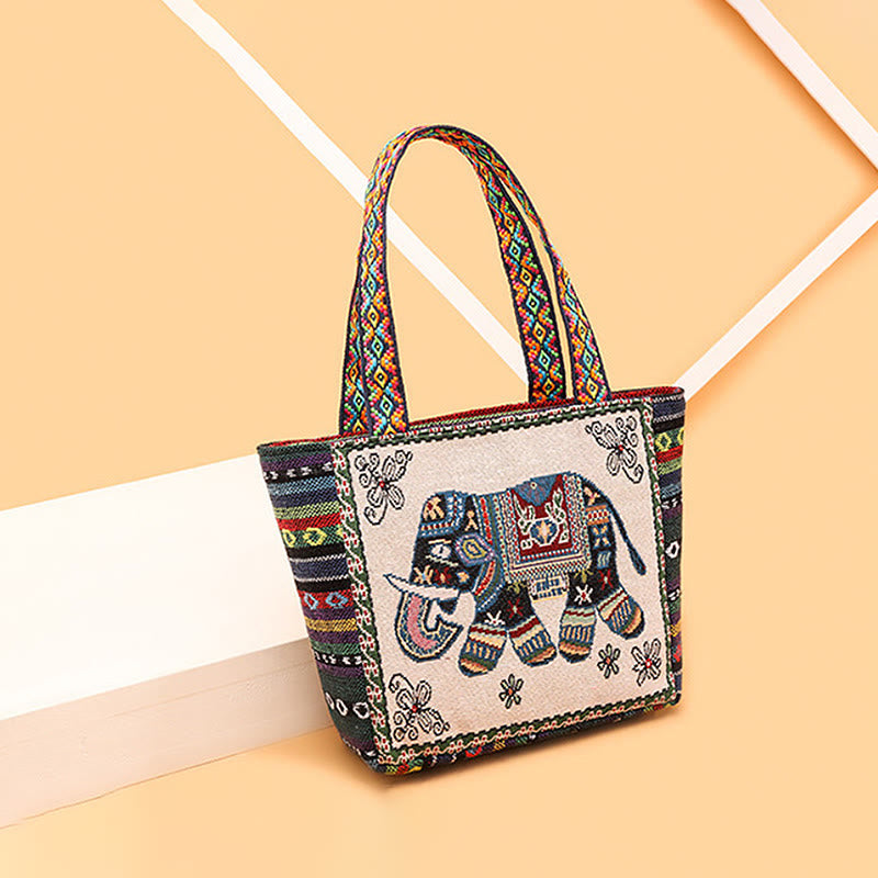 Grand sac fourre-tout en toile avec broderie éléphant et papillon - Charme spirituel
