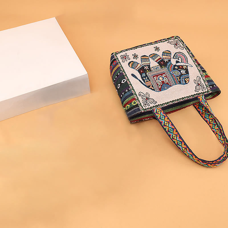 Grand sac fourre-tout en toile avec broderie éléphant et papillon - Charme spirituel