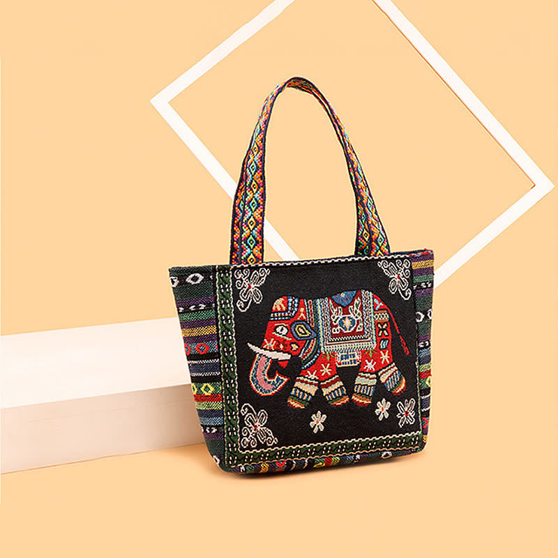 Grand sac fourre-tout en toile avec broderie éléphant et papillon - Charme spirituel