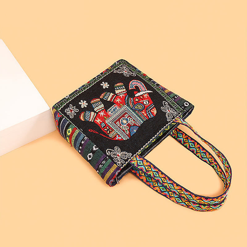 Grand sac fourre-tout en toile avec broderie éléphant et papillon - Charme spirituel