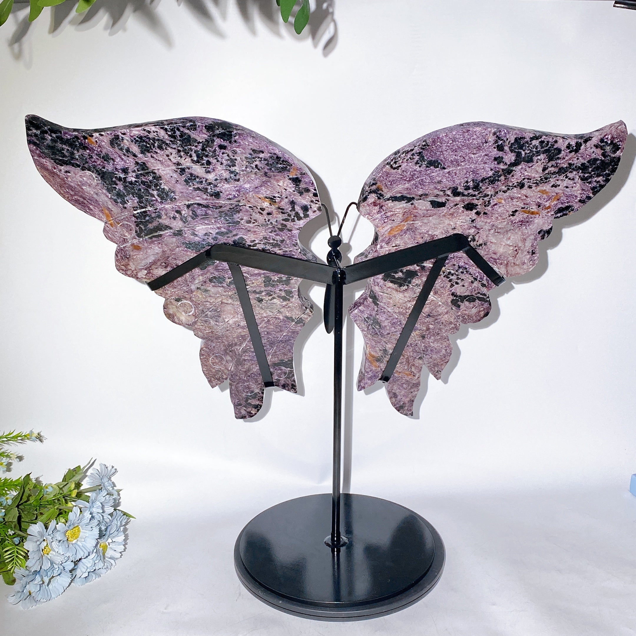 Large Charoite & Calcite Butterfly Wings Crystal Figurine on Stand