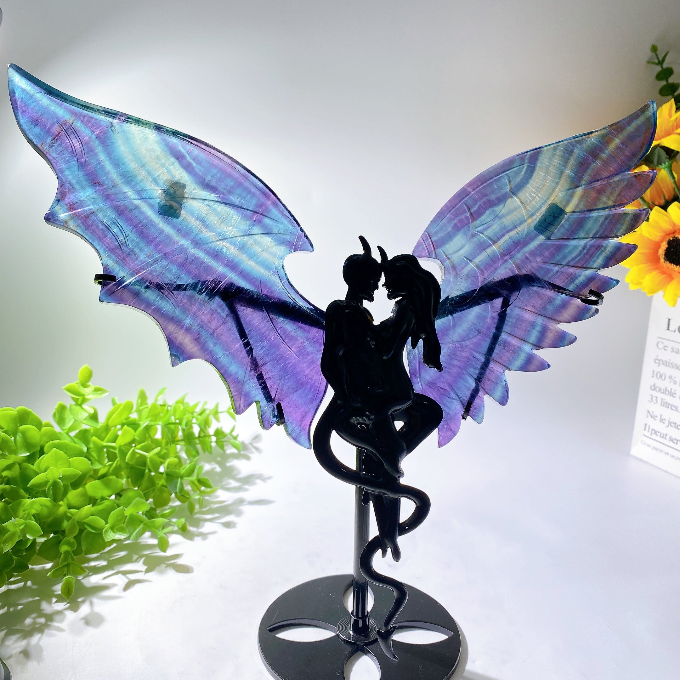 Grandes sculptures d'ailes de couple de diable en cristal 25-30 cm