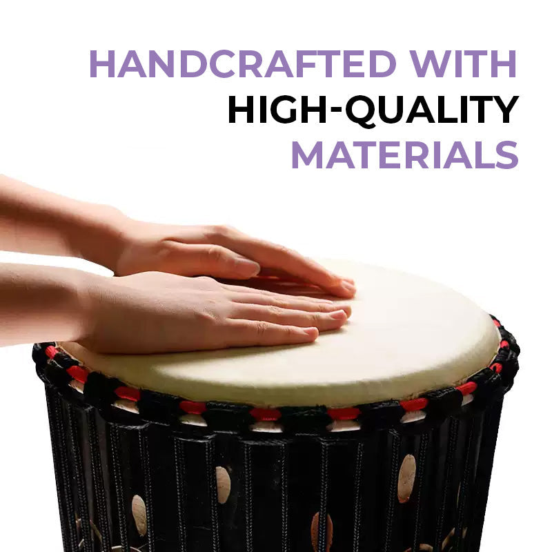 African Djembe drum with hands on drumhead, showcasing Large Djembe Hand-Carved Mahogany