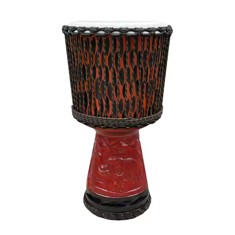 Traditional African Djembe drum with red base and rope tuning in Mahogany design