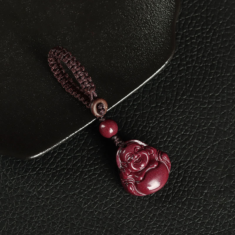 Collier pendentif Bouddha rieur en cinabre avec breloque de bénédiction