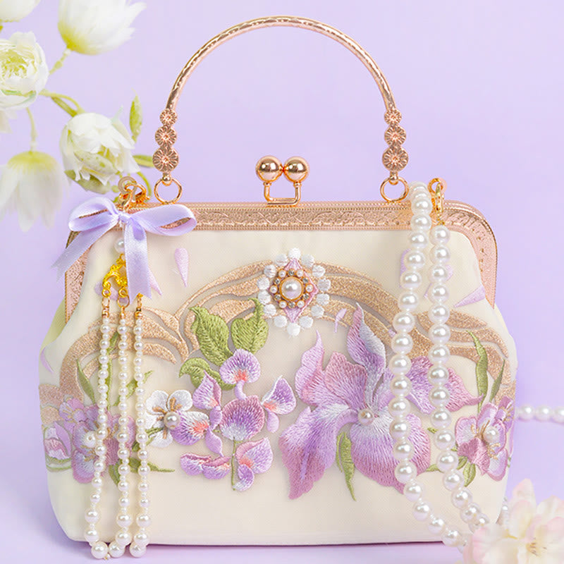 Sac à pompons brodé de fleurs violet clair pour l'énergie spirituelle