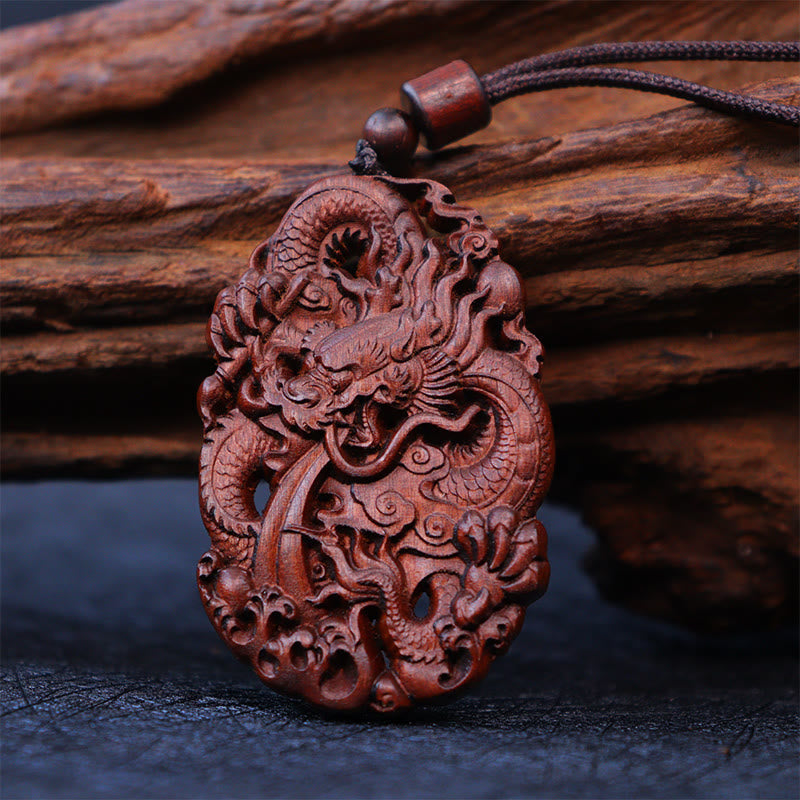 Pendentif de protection double dragon en bois de jujubier frappé par la foudre