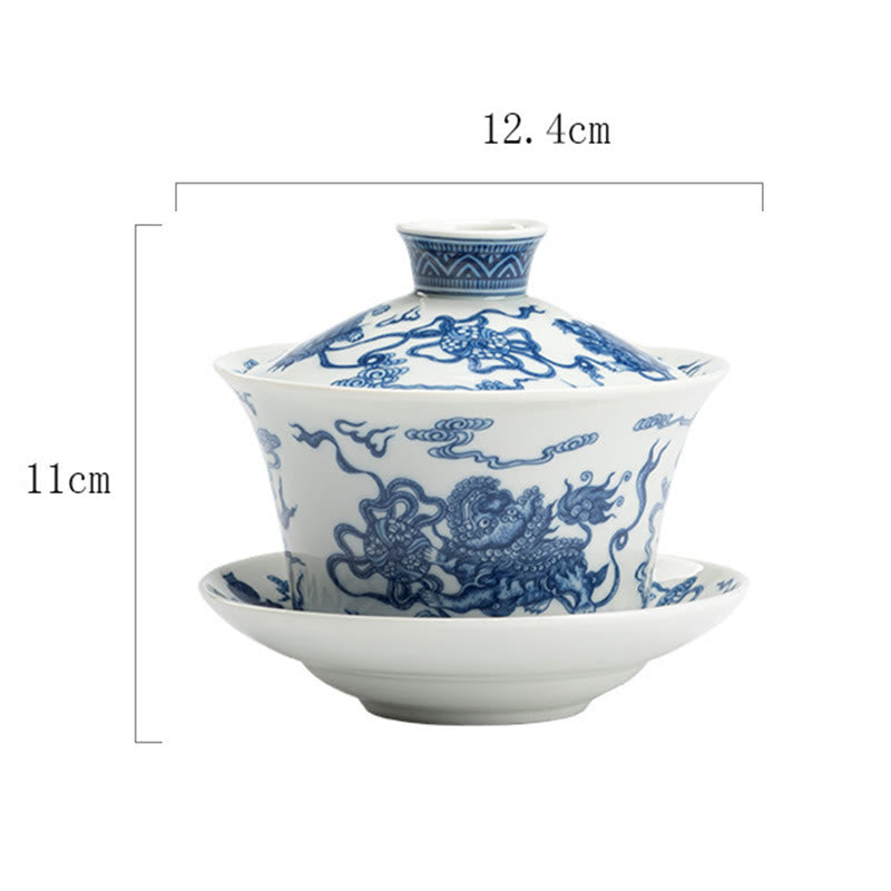 Tasse à thé Gaiwan en céramique Lion Dance 300 ml avec couvercle et soucoupe