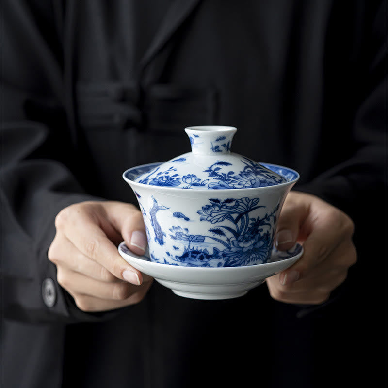 Tasse à thé Gaiwan en céramique Lion Dance 300 ml avec couvercle et soucoupe