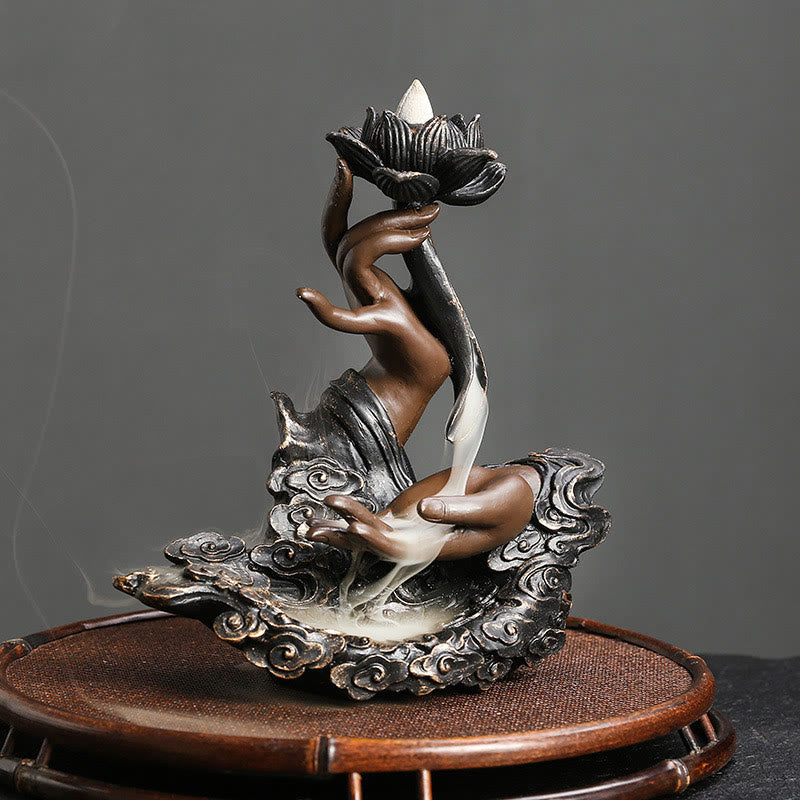 Brûleur d'encens à reflux en résine en forme de main de Bouddha de lotus 17,9 cm