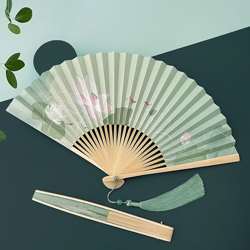 Éventail chinois pliable en bambou et papier, motif fleur de lotus
