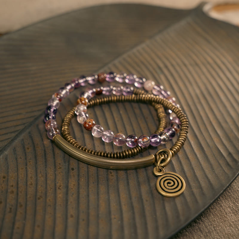 Bracelet Amour et Pardon avec Fantôme Violet, Hématoïde Rouge et Quartz Rutile Vert