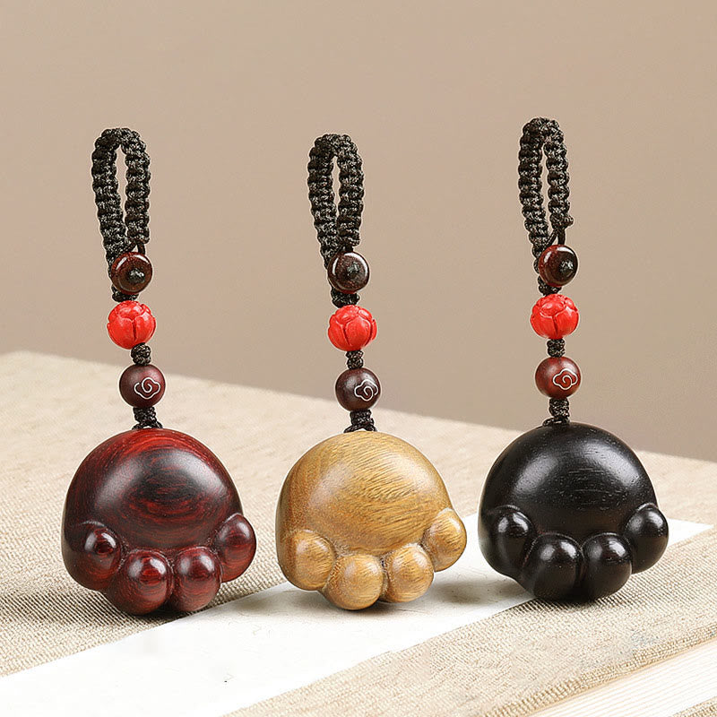 Porte-clés de protection en bois de santal rouge, vert et ébène, motif patte de chat porte-bonheur