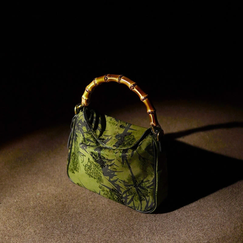 Sac bandoulière en soie Xiangyunsha avec poignée en bambou luxuriant