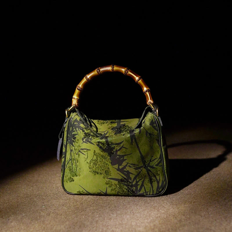 Sac bandoulière en soie Xiangyunsha avec poignée en bambou luxuriant