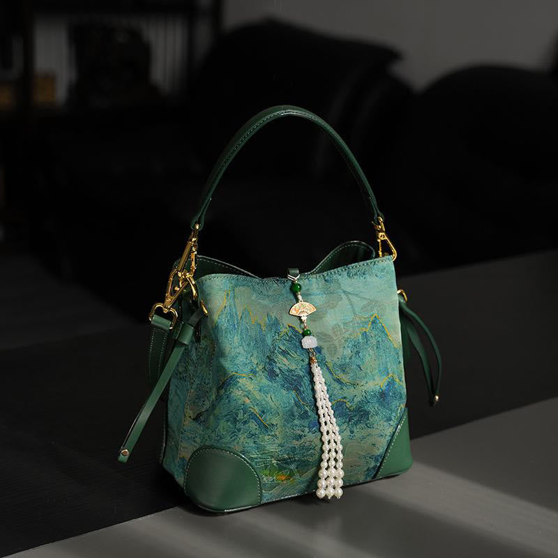 Sac bandoulière à pompon spirituel en soie Xiangyunsha MediumSeaGreen