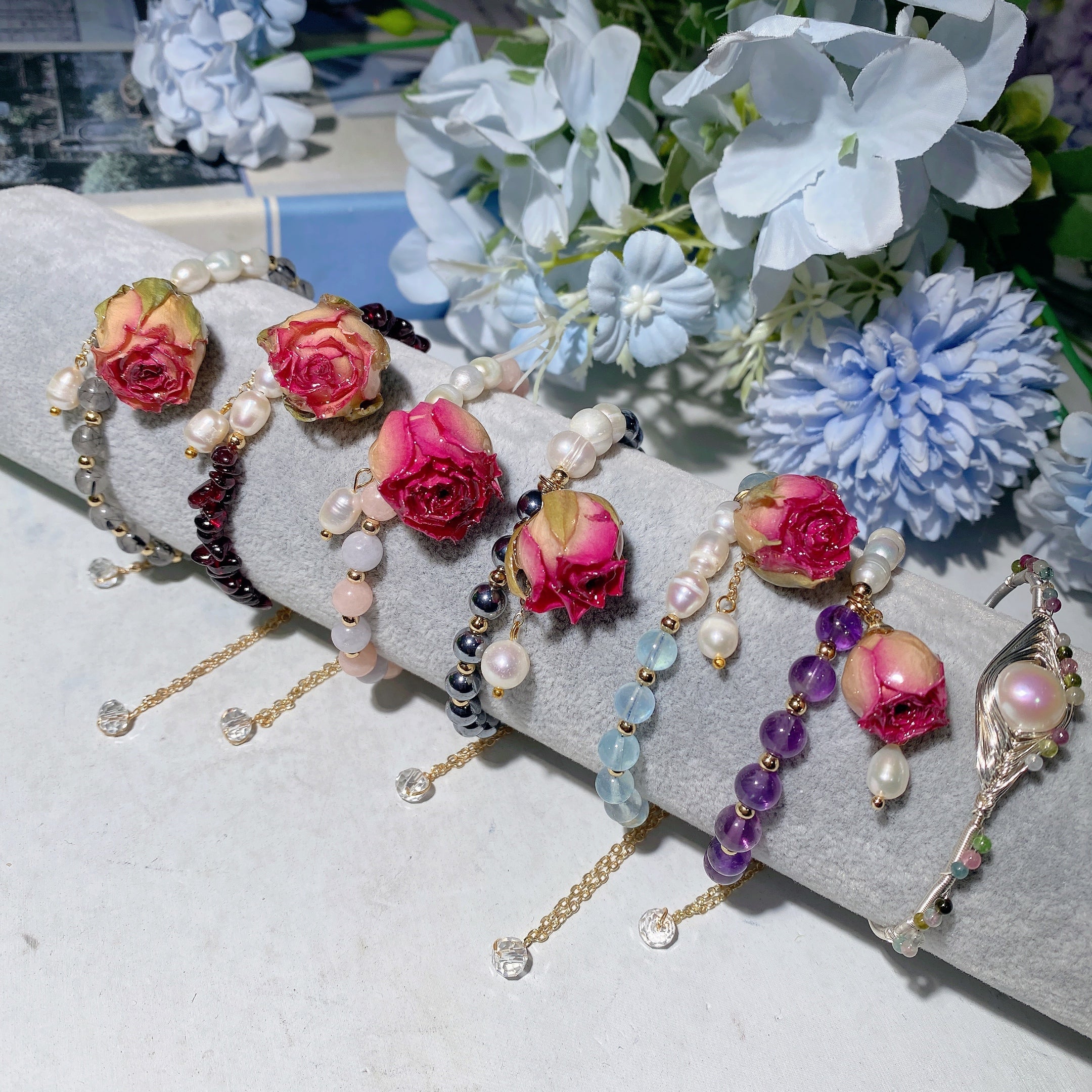 Mixed Crystal Healing Bracelet with Pearl Rose Flower Accent
