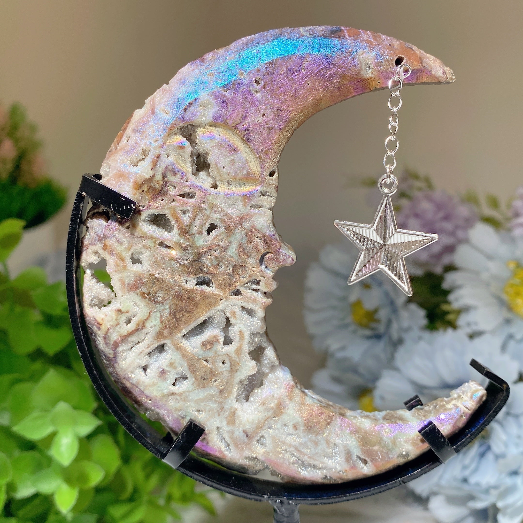 Mixed Crystal Moon Face Figurines 3.3in Healing Carvings