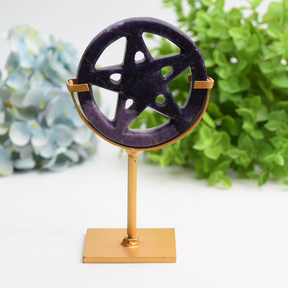 Mixed Crystal Pentagram Carving with Metal Stand 3.5in