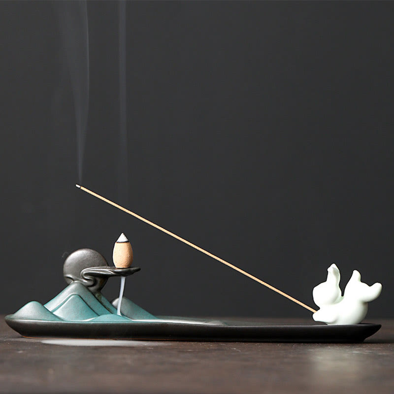Brûleur d'encens en céramique Moon Rabbit pour la méditation et l'harmonie