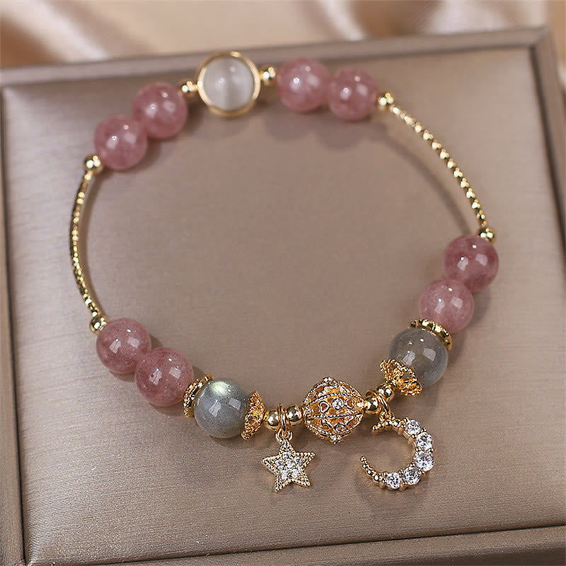 Bracelet Lune Étoile Amour | Quartz fraise et pierre de lune