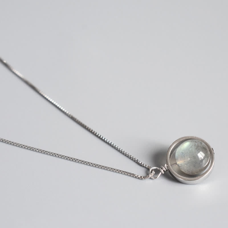 Collier pendentif pierre de lune en argent sterling 925 Love Planet rotatif