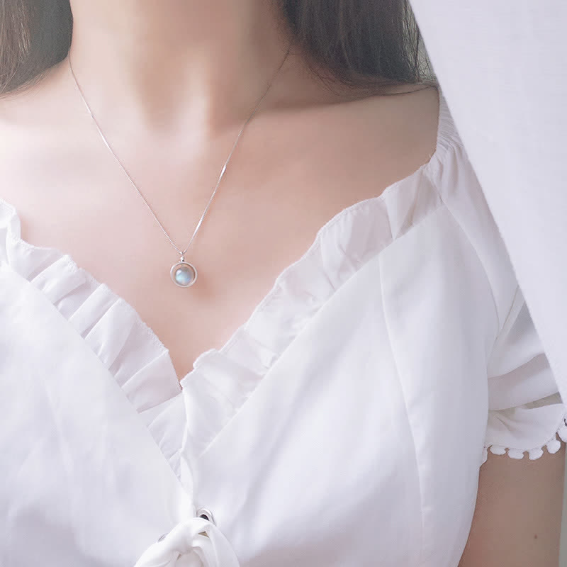 Collier pendentif pierre de lune en argent sterling 925 Love Planet rotatif