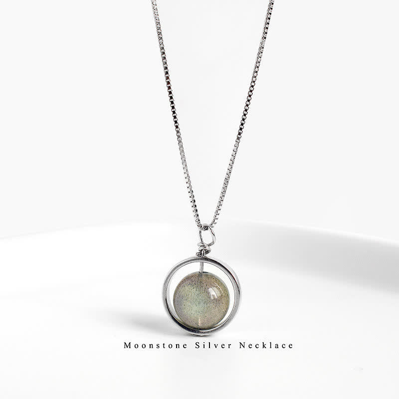 Collier pendentif pierre de lune en argent sterling 925 Love Planet rotatif