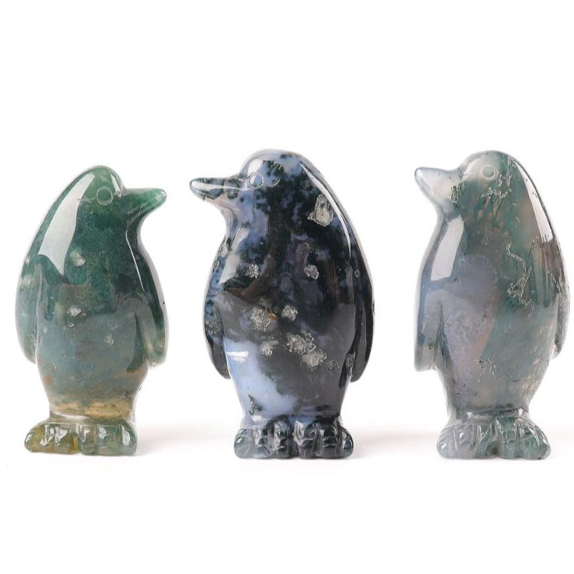 Sculpture d'animal en cristal de pingouin en agate mousse de 2 pouces