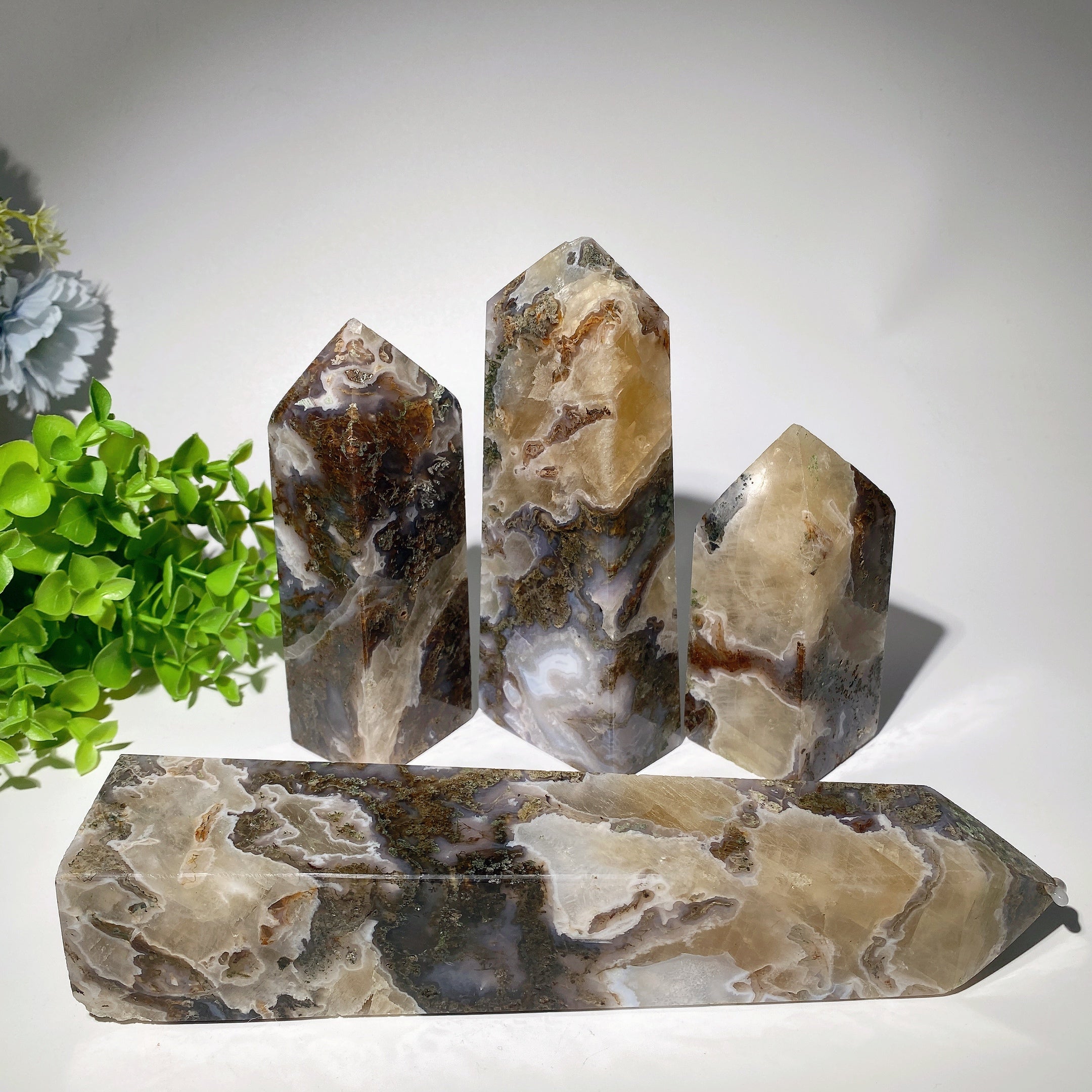 Moss Agate & Calcite Tower Crystal 12-25cm Healing Stone