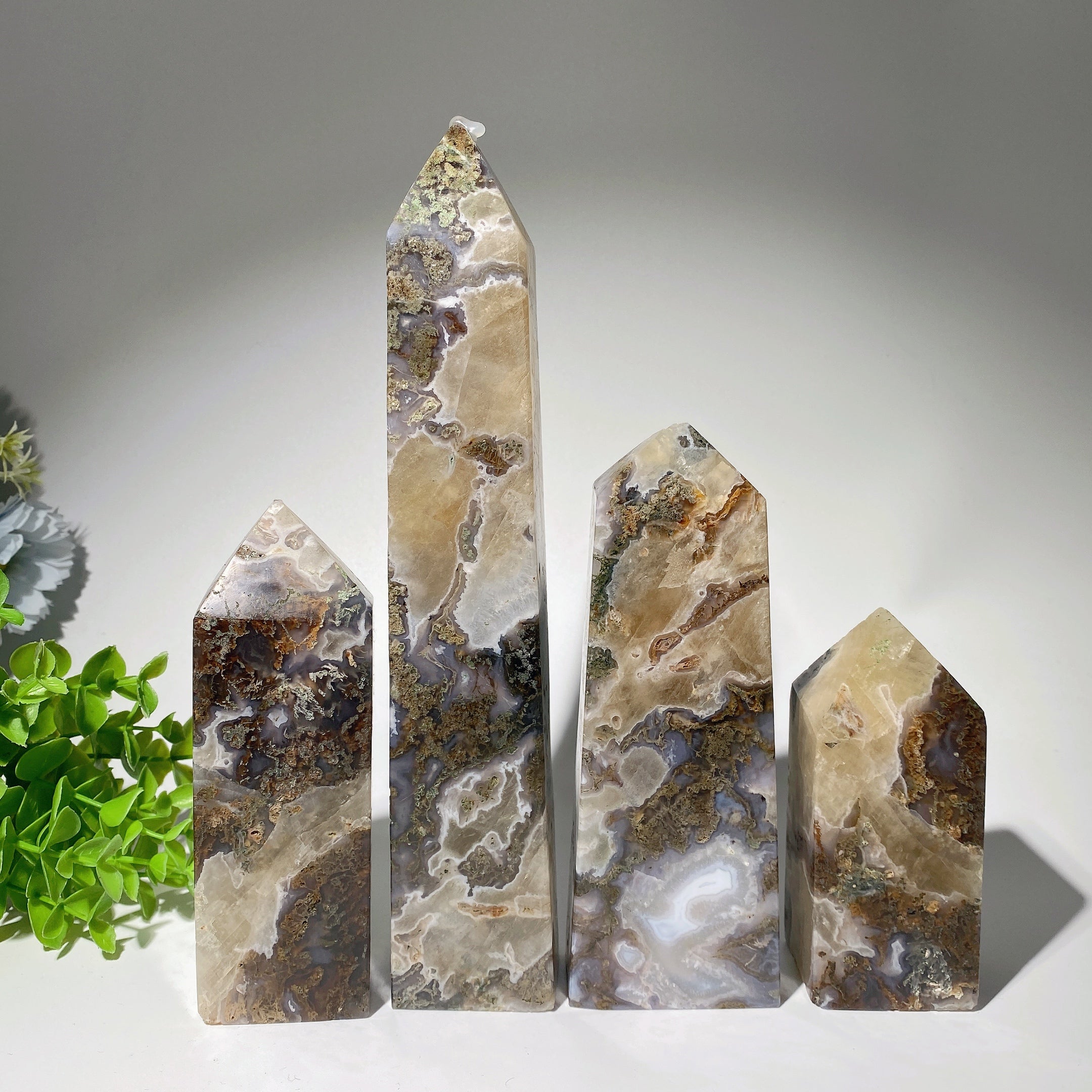 Moss Agate & Calcite Tower Crystal 12-25cm Healing Stone
