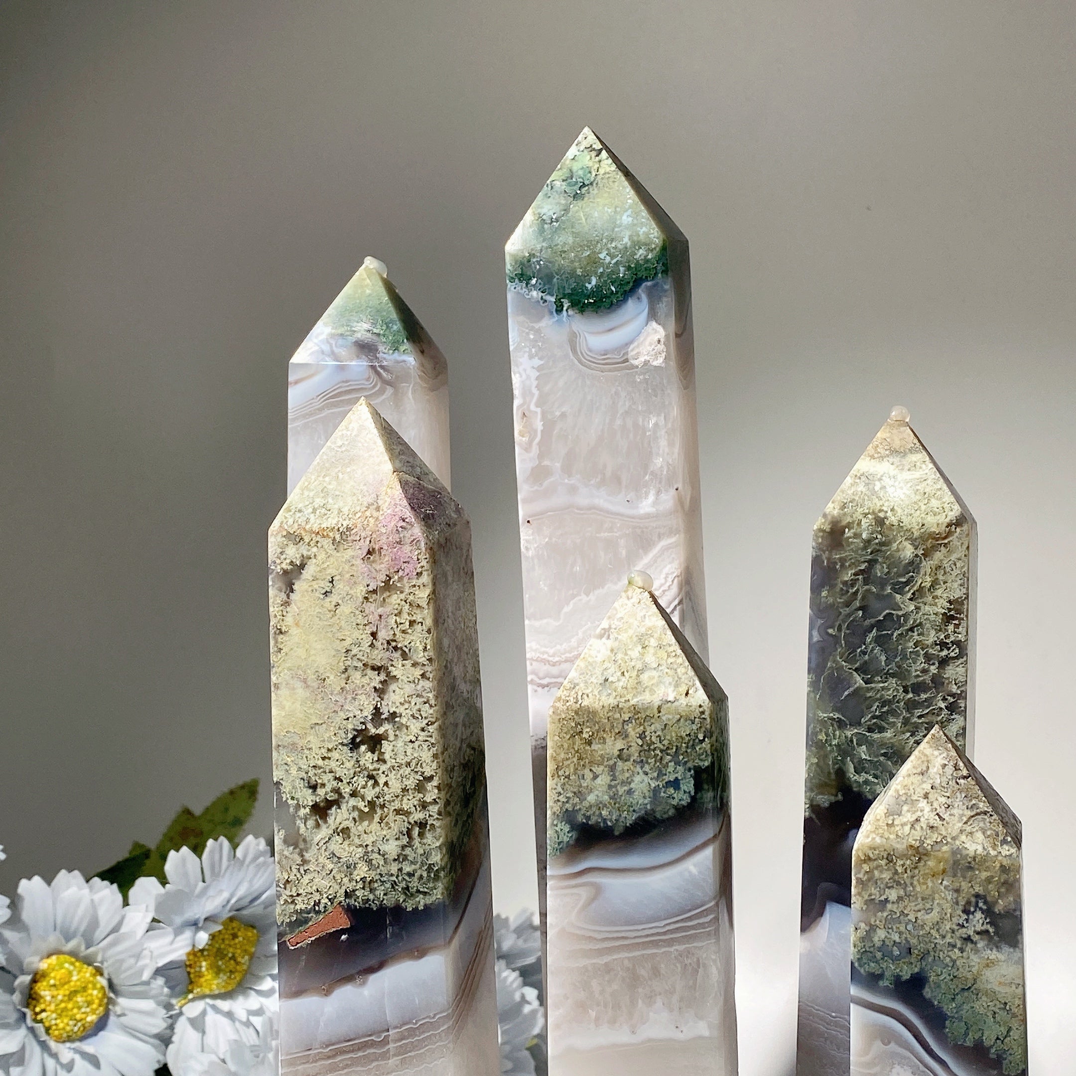 Moss Agate Crystal Tower 18-35cm for Healing & Energy