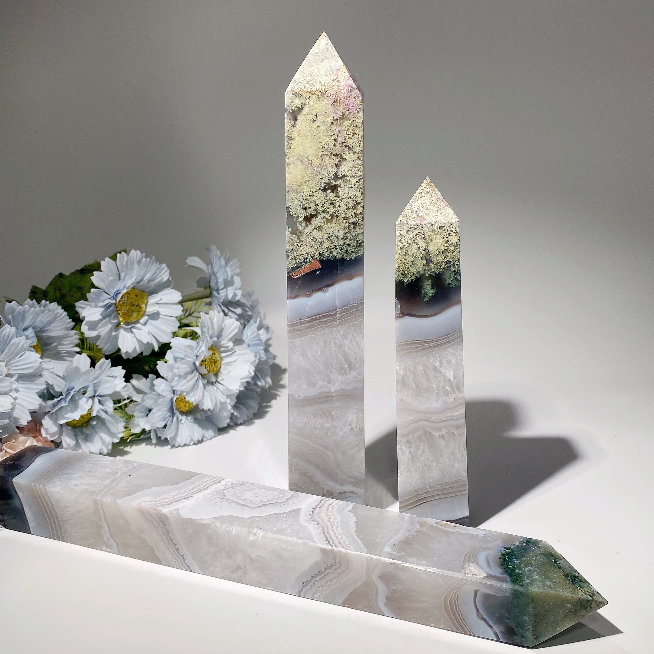 Moss Agate Crystal Tower 18-35cm for Healing & Energy