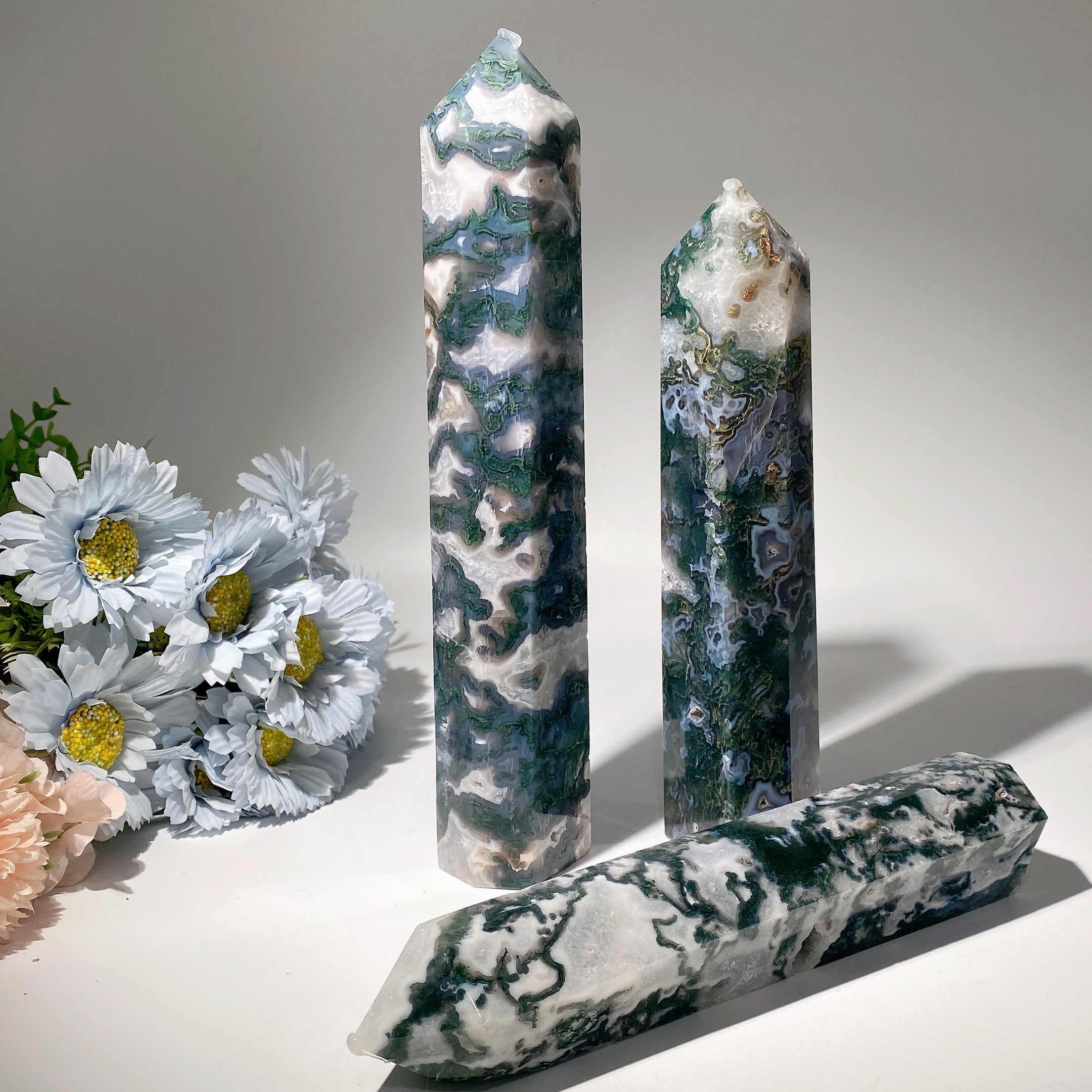 Moss Agate Crystal Tower 22-26cm for Healing & Display