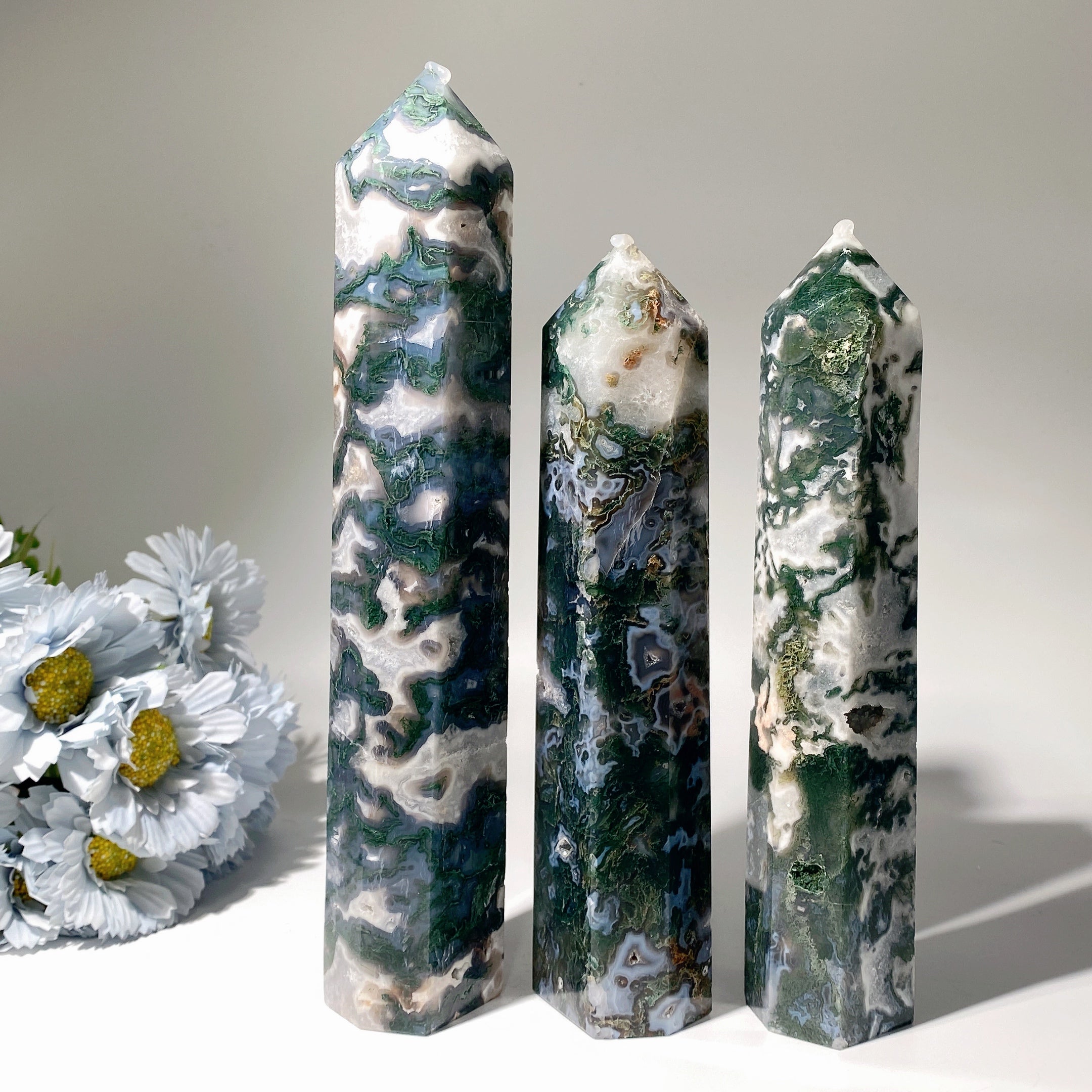 Moss Agate Crystal Tower 22-26cm for Healing & Display