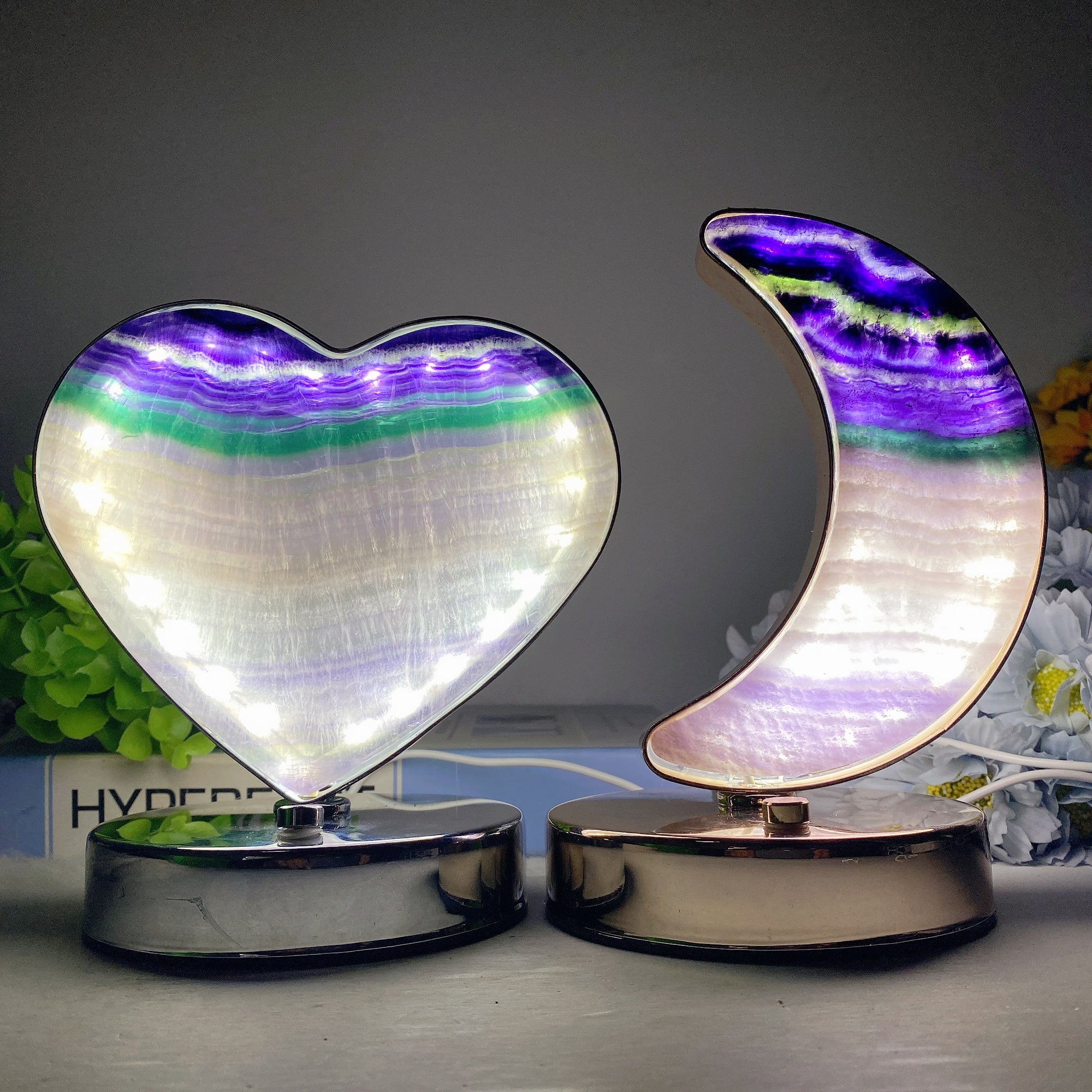 Moss Agate & Fluorite Heart Moon Crystal Lamps USB Touch Light