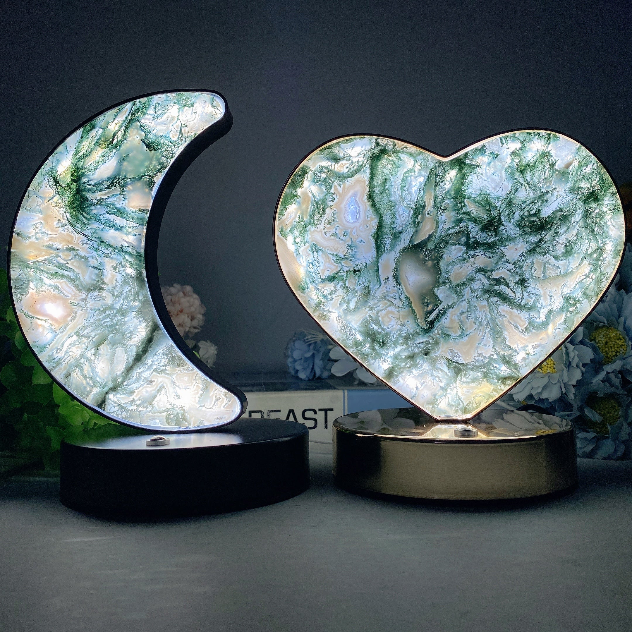 Moss Agate & Fluorite Heart Moon Crystal Lamps USB Touch Light
