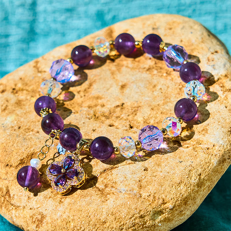 Bracelet de transformation positive avec breloque fleur en perle d'améthyste naturelle