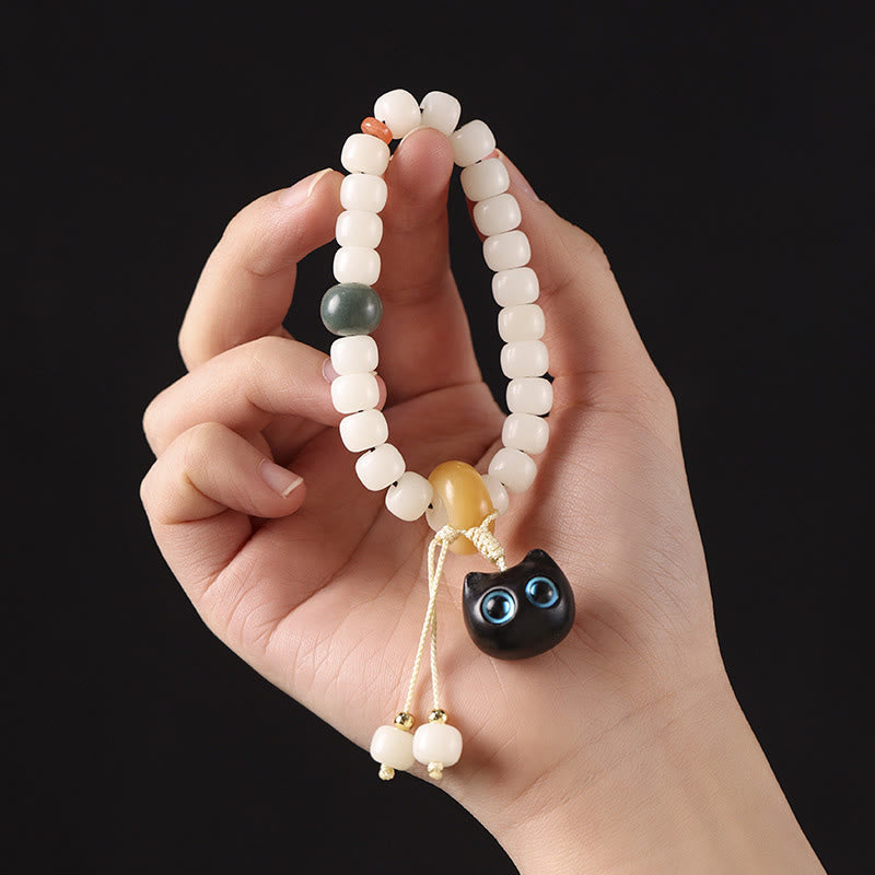 Bracelet en graines de Bodhi naturelles avec breloque chat pour la paix et l'harmonie